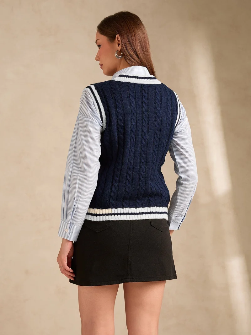 Outzidr Blue Navy Blue Varsity Contrast Tipping Sweater for Women | Best Price UAE